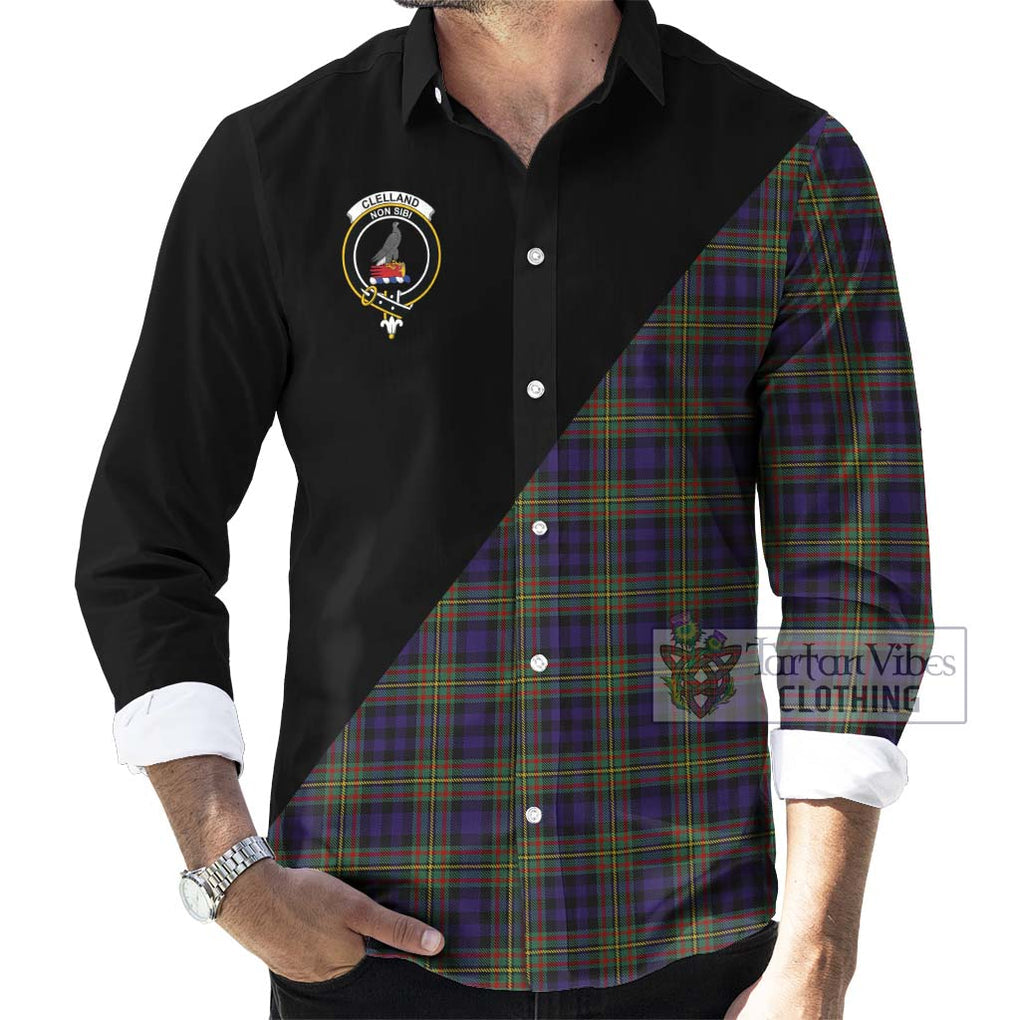 Clelland Tartan Long Sleeve Button Shirt with Family Crest and Military Logo Style - Tartanvibesclothing Shop