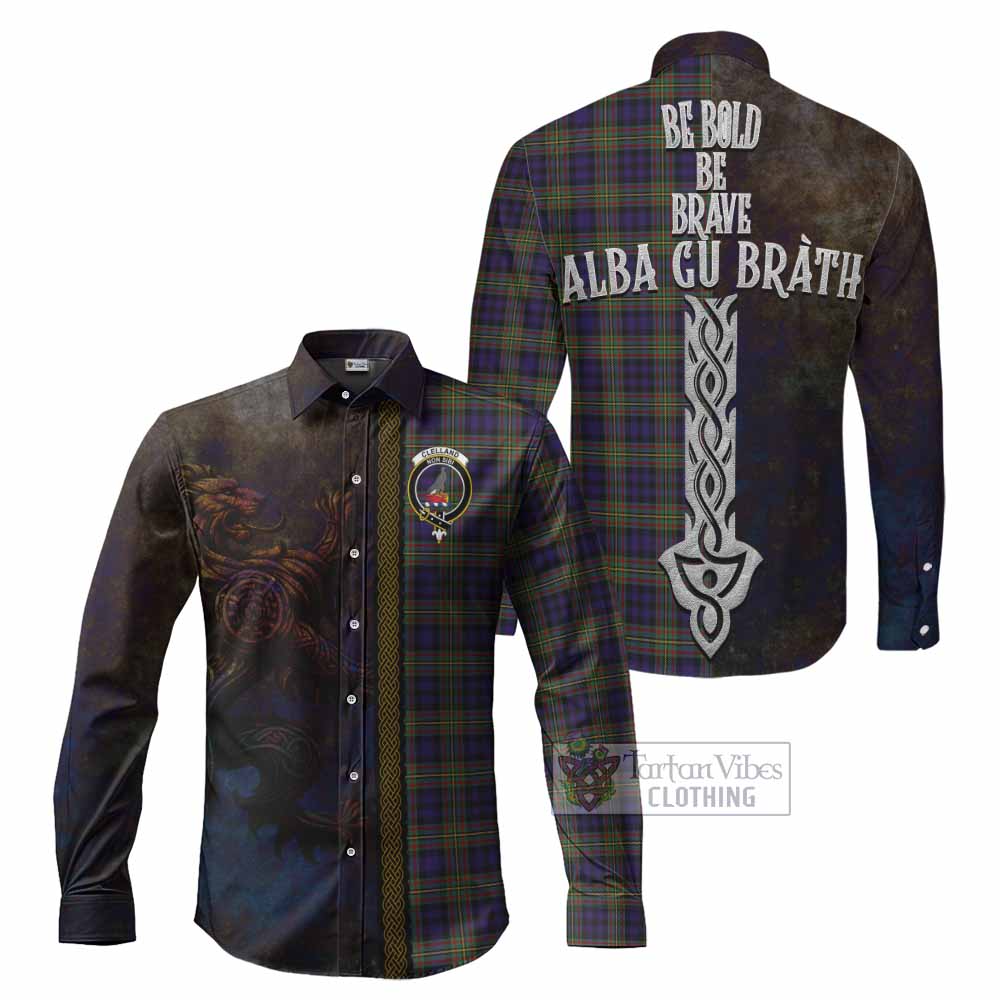Tartan Vibes Clothing Clelland Tartan Family Crest Long Sleeve Button Shirt Alba Gu Brath Be Brave Lion Ancient Style