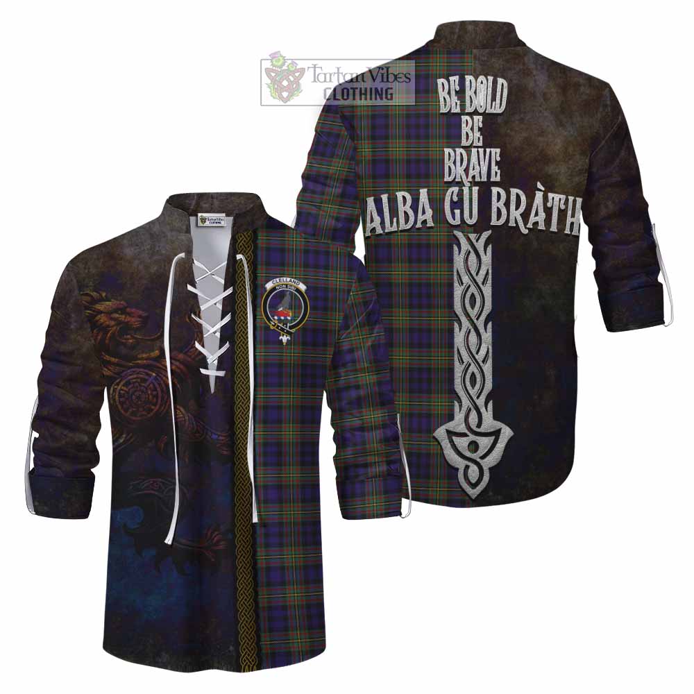 Tartan Vibes Clothing Clelland Tartan Family Crest Ghillie Kilt Shirt Alba Gu Brath Be Brave Lion Ancient Style
