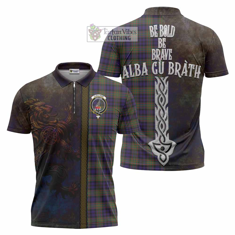 Tartan Vibes Clothing Clelland Tartan Family Crest Zipper Polo Shirt Alba Gu Brath Be Brave Lion Ancient Style
