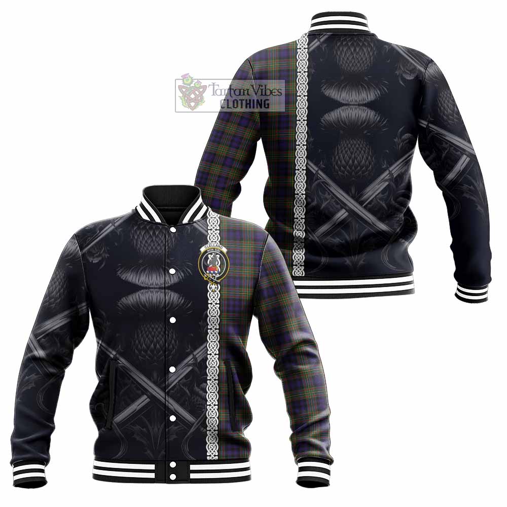 Clelland Tartan Baseball Jacket with Family Crest Cross Sword Thistle Celtic Vibes - Tartan Vibes Clothing