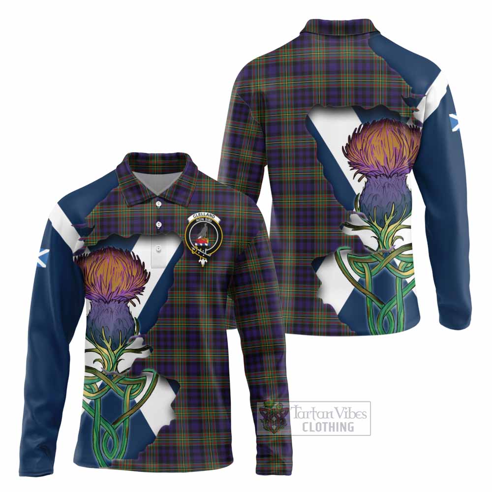Tartan Vibes Clothing Clelland Tartan Family Crest Long Sleeve Polo Shirt Scottish Thistle Celtic Inspired