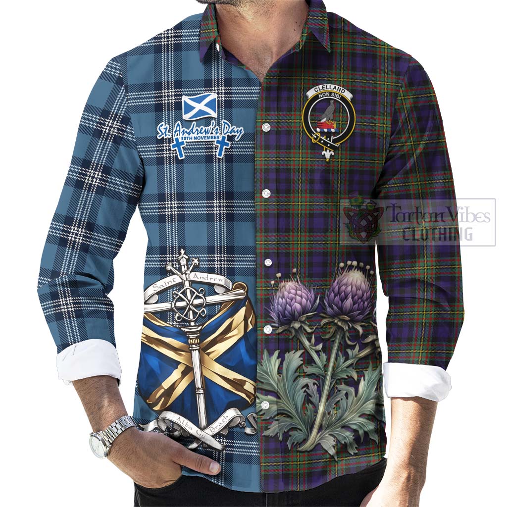 Clelland Tartan Long Sleeve Button Shirt Happy St. Andrew's Day Half Tartan Style - Tartan Vibes Clothing