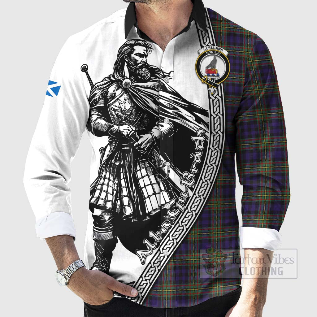 Clelland Tartan Clan Crest Long Sleeve Button Shirt with Highlander Warrior Celtic Style - Tartan Vibes Clothing