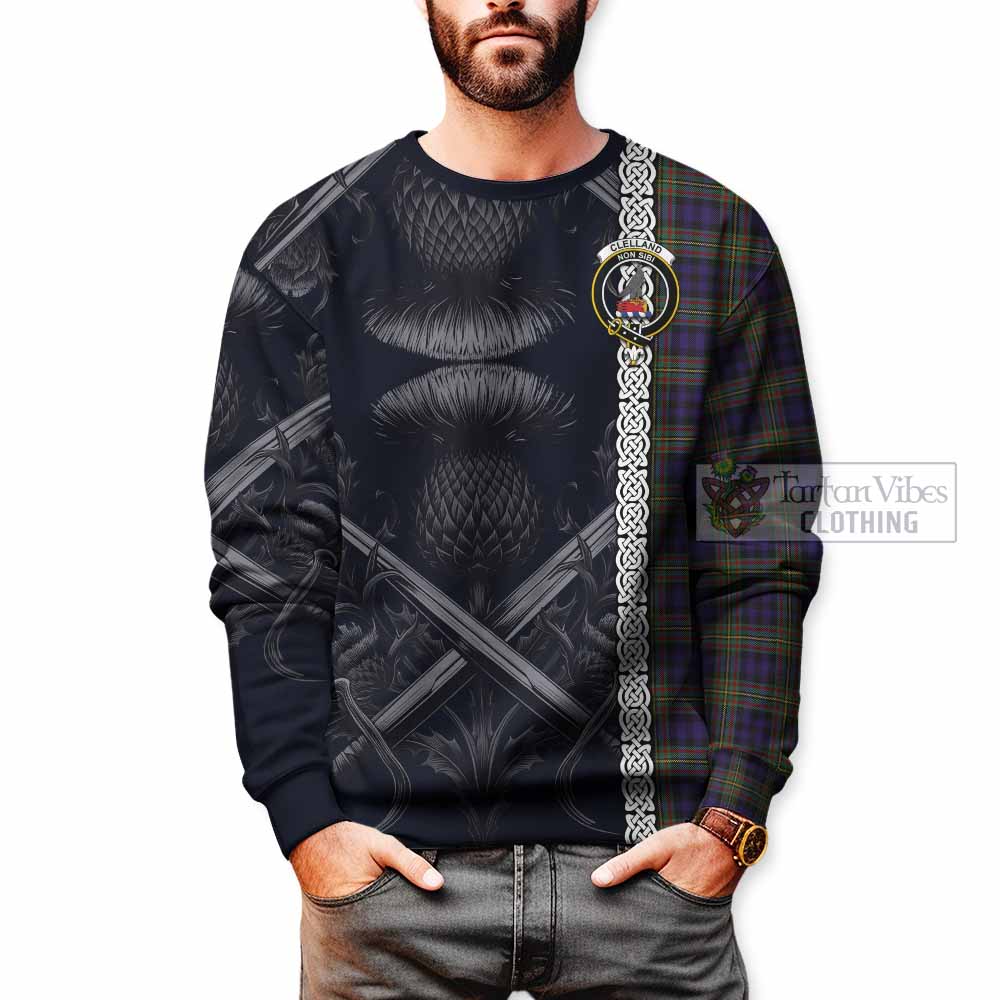 Clelland Tartan Sweatshirt with Family Crest Cross Sword Thistle Celtic Vibes - Tartan Vibes Clothing
