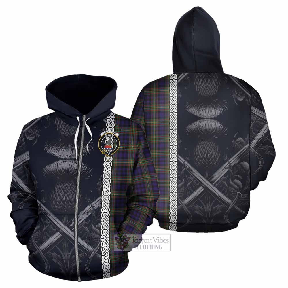 Clelland Tartan Hoodie with Family Crest Cross Sword Thistle Celtic Vibes Zip Hoodie - Tartan Vibes Clothing