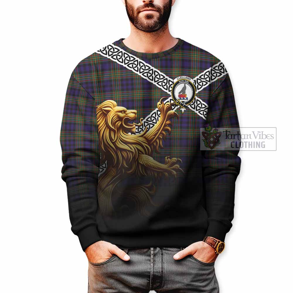 Clelland Crest Tartan Sweatshirt with Golden Lion Emblem Celtic Style - Tartan Vibes Clothing