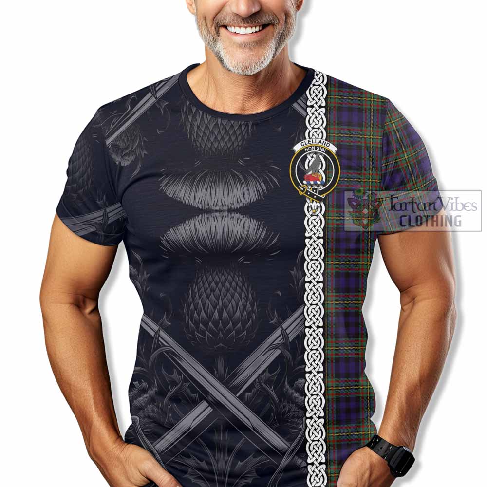 Clelland Tartan T-Shirt with Family Crest Cross Sword Thistle Celtic Vibes - Tartan Vibes Clothing
