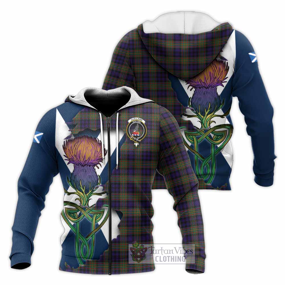 Tartan Vibes Clothing Clelland Tartan Family Crest Knitted Hoodie Scottish Thistle Celtic Inspired
