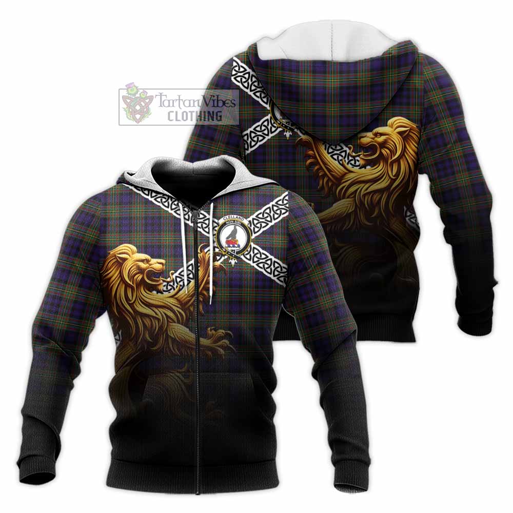 Clelland Crest Tartan Knitted Hoodie with Golden Lion Emblem Celtic Style Unisex Knitted Zip Hoodie - Tartan Vibes Clothing