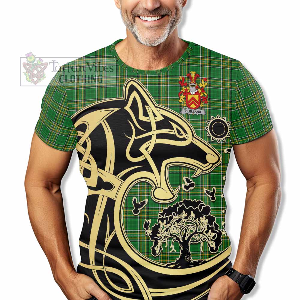 Tartan Vibes Clothing Clelland Irish Tartan T-Shirt with Coat of Arms Celtic Wolf Style