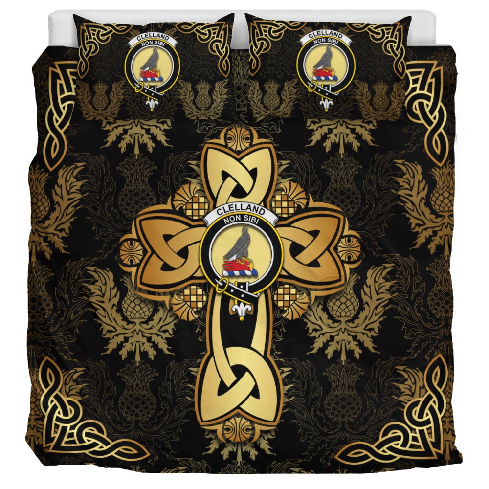 Clelland Clan Bedding Sets Gold Thistle Celtic Style - Tartanvibesclothing