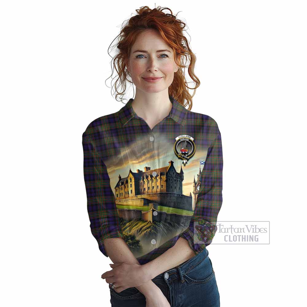 Tartan Vibes Clothing Clelland Tartan Family Crest Women's Casual Shirt with Scottish Ancient Castle Style