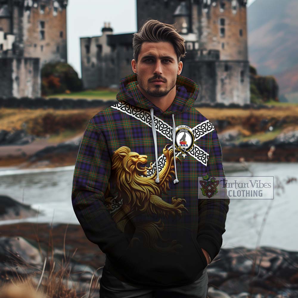 Clelland Crest Tartan Cotton Hoodie with Golden Lion Emblem Celtic Style - Tartan Vibes Clothing