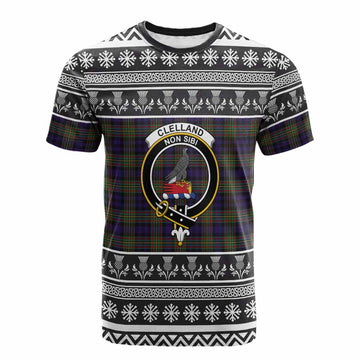 Clelland Clan Tartan Christmas Cotton T-shirt with Family Crest