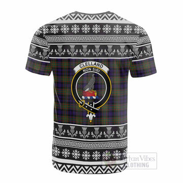 Clelland Clan Tartan Christmas Cotton T-shirt with Family Crest