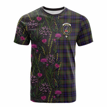 Clelland Family Crest Tartan Cotton T-shirt Scottish Thistle Flower Pattern Half Style