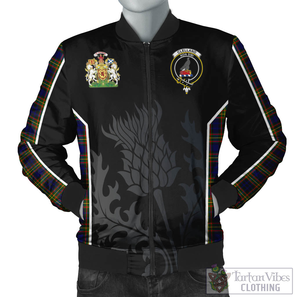 Tartan Vibes Clothing Clelland Modern Tartan Bomber Jacket with Family Crest and Scottish Thistle Vibes Sport Style