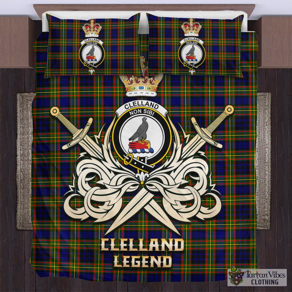 Tartan Vibes Clothing Clelland Modern Tartan Bedding Set with Clan Crest and the Golden Sword of Courageous Legacy