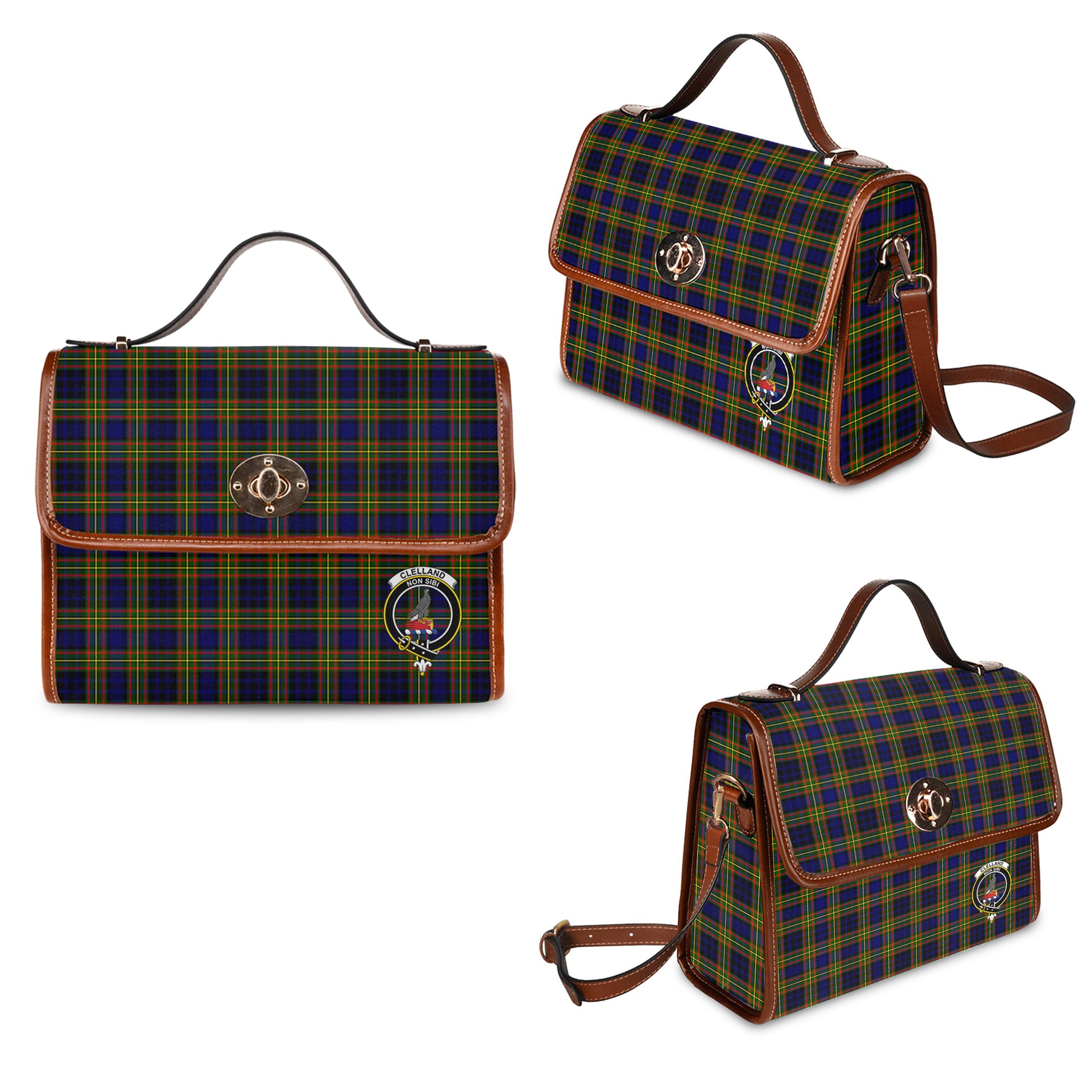 clelland-modern-tartan-leather-strap-waterproof-canvas-bag-with-family-crest
