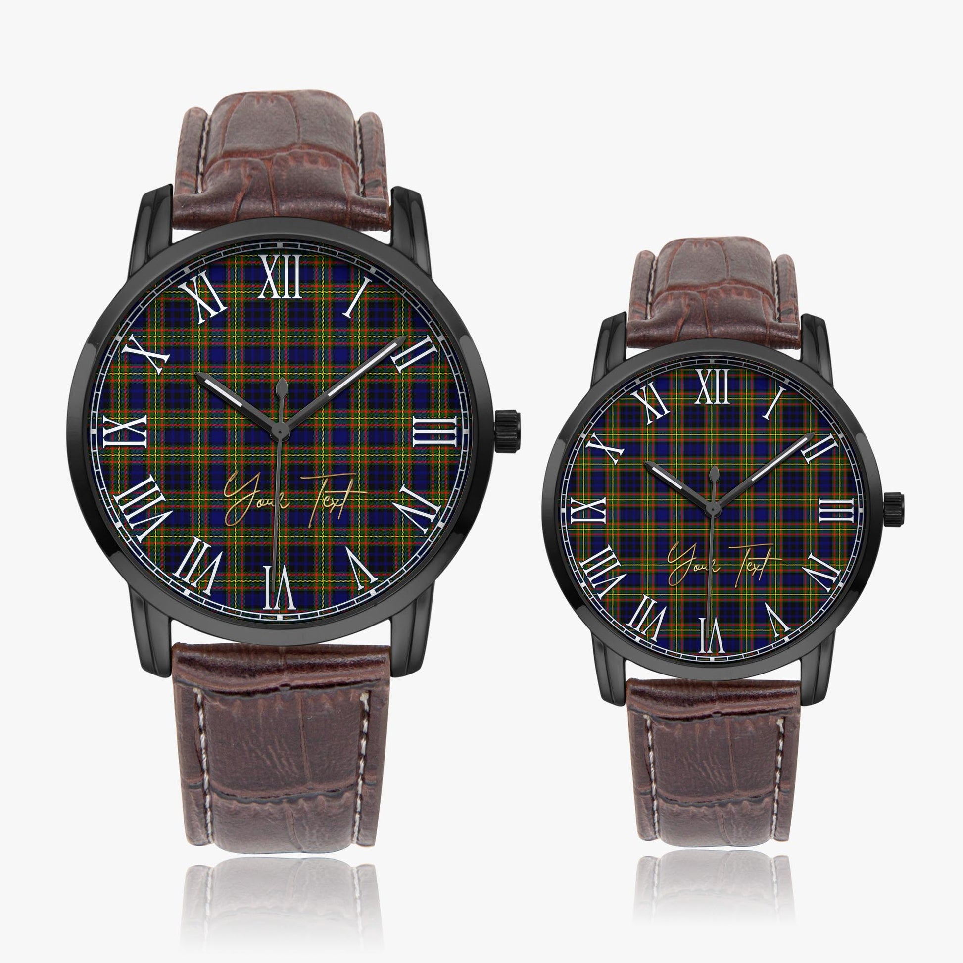 Clelland Modern Tartan Personalized Your Text Leather Trap Quartz Watch Wide Type Black Case With Brown Leather Strap - Tartanvibesclothing