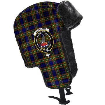 Clelland Modern Tartan Winter Trapper Hat with Family Crest