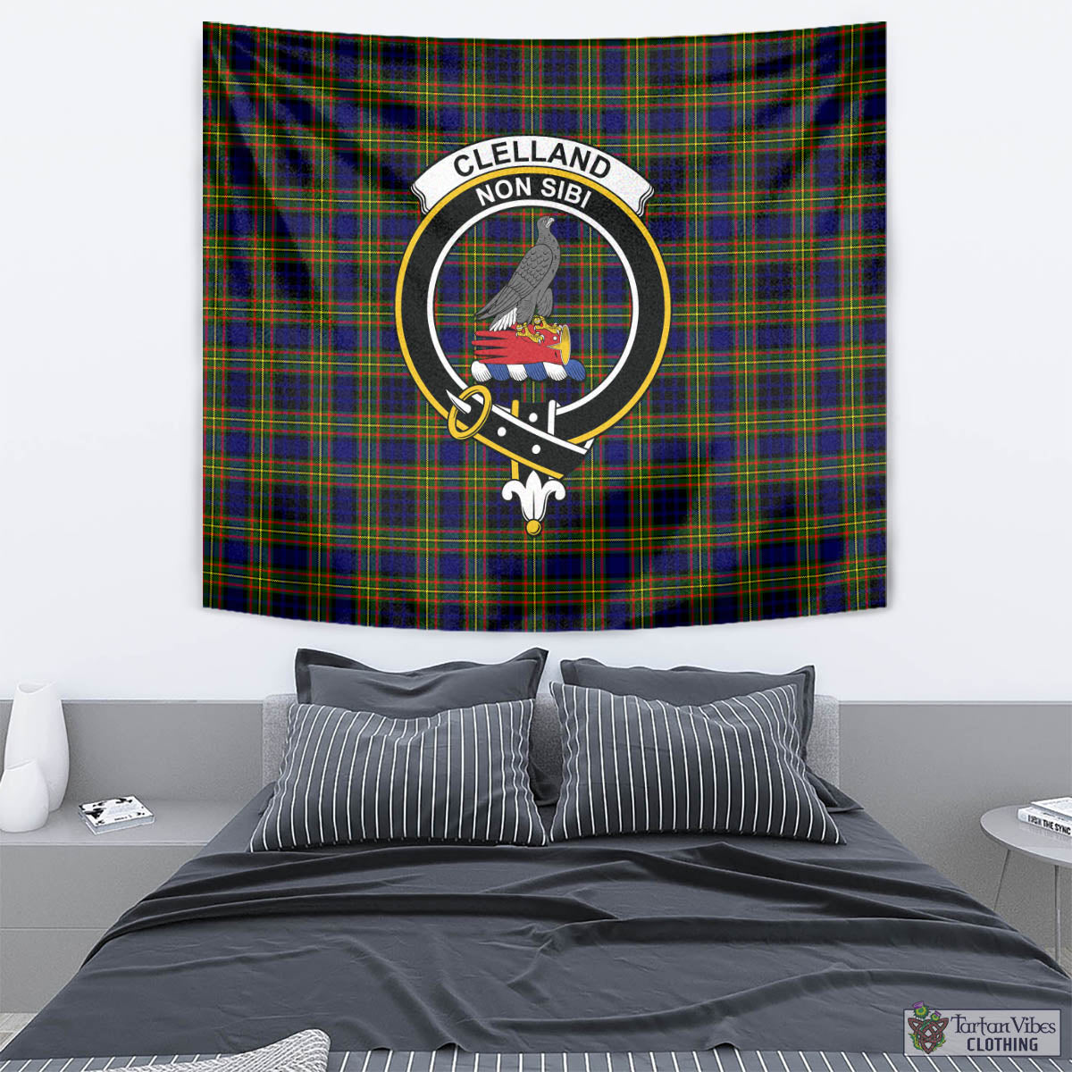 Tartan Vibes Clothing Clelland Modern Tartan Tapestry Wall Hanging and Home Decor for Room with Family Crest