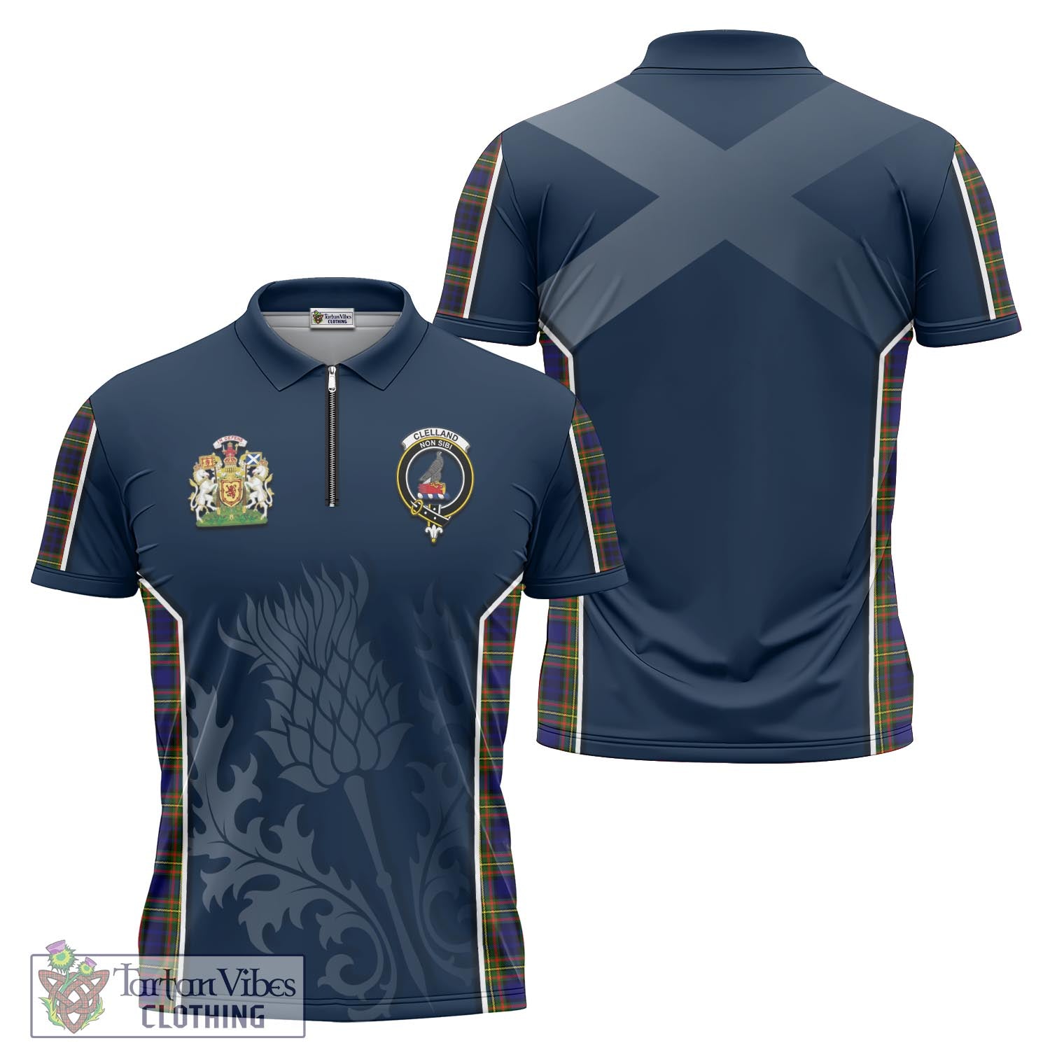 Tartan Vibes Clothing Clelland Modern Tartan Zipper Polo Shirt with Family Crest and Scottish Thistle Vibes Sport Style