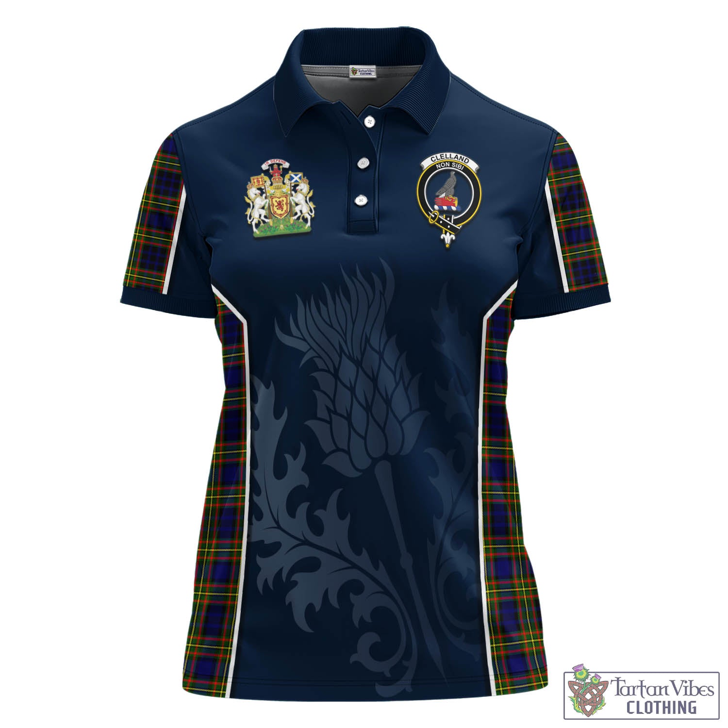 Tartan Vibes Clothing Clelland Modern Tartan Women's Polo Shirt with Family Crest and Scottish Thistle Vibes Sport Style