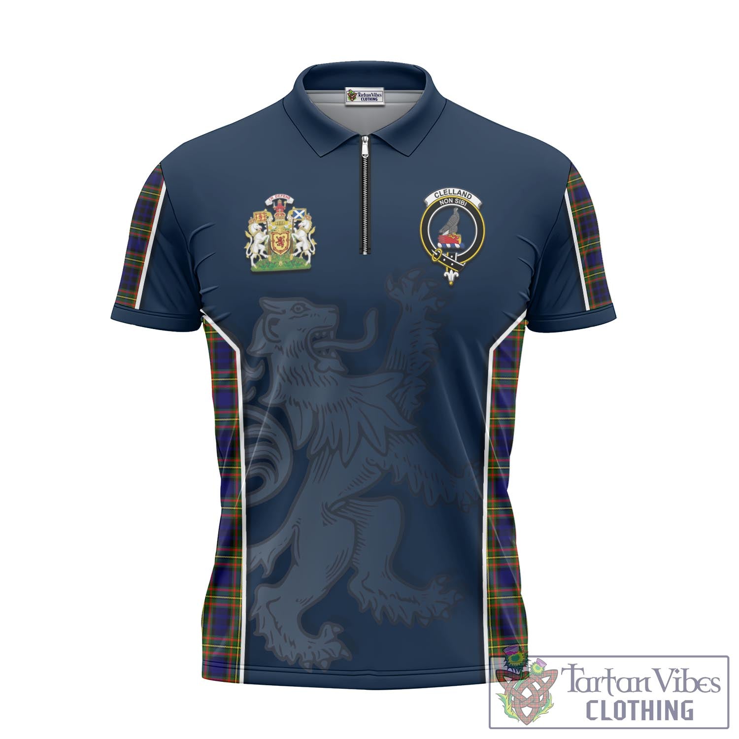 Tartan Vibes Clothing Clelland Modern Tartan Zipper Polo Shirt with Family Crest and Lion Rampant Vibes Sport Style