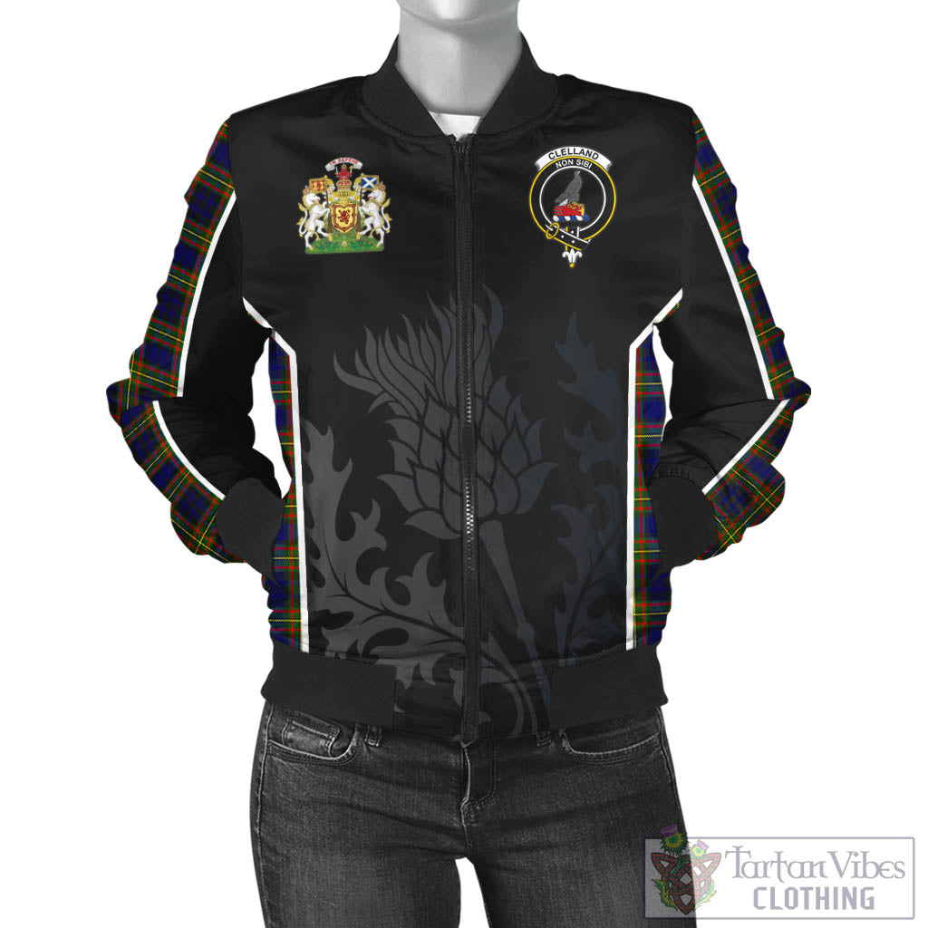 Tartan Vibes Clothing Clelland Modern Tartan Bomber Jacket with Family Crest and Scottish Thistle Vibes Sport Style