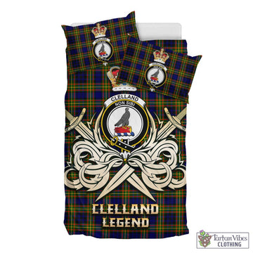 Tartan Vibes Clothing Clelland Modern Tartan Bedding Set with Clan Crest and the Golden Sword of Courageous Legacy