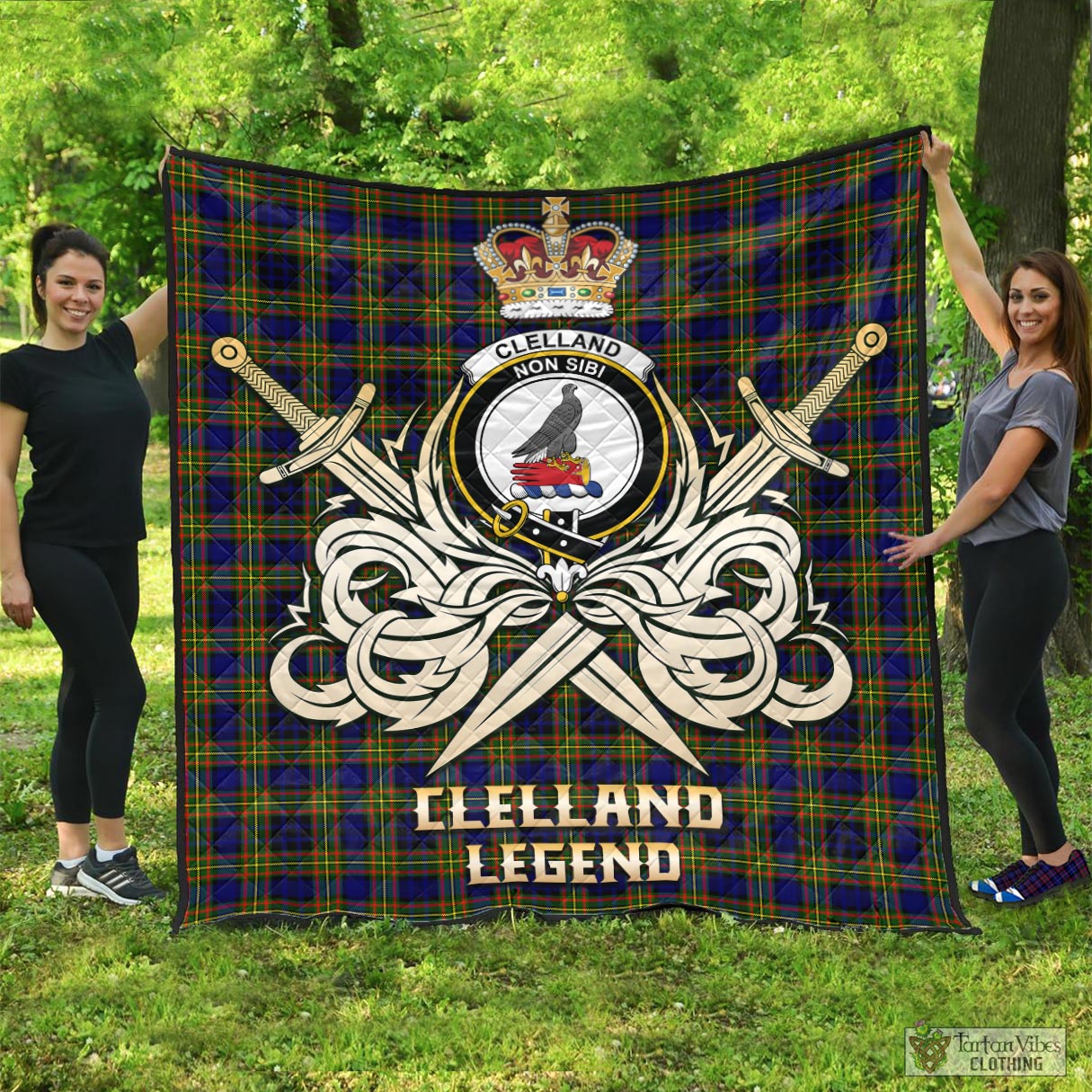 Tartan Vibes Clothing Clelland Modern Tartan Quilt with Clan Crest and the Golden Sword of Courageous Legacy
