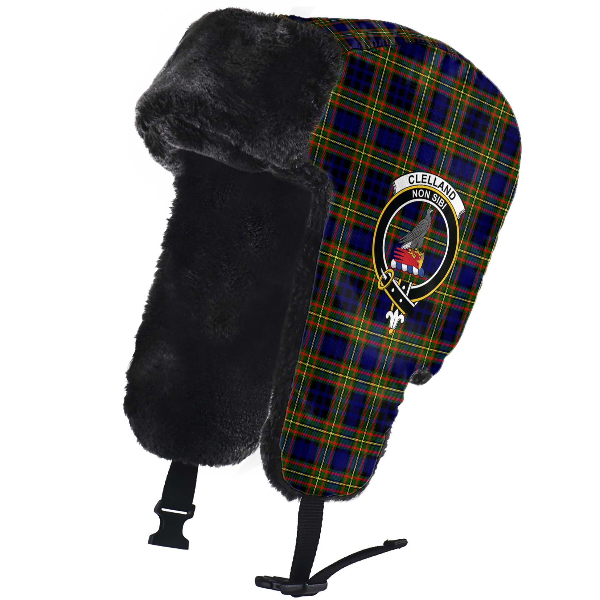 Clelland Modern Tartan Winter Trapper Hat with Family Crest - Tartanvibesclothing