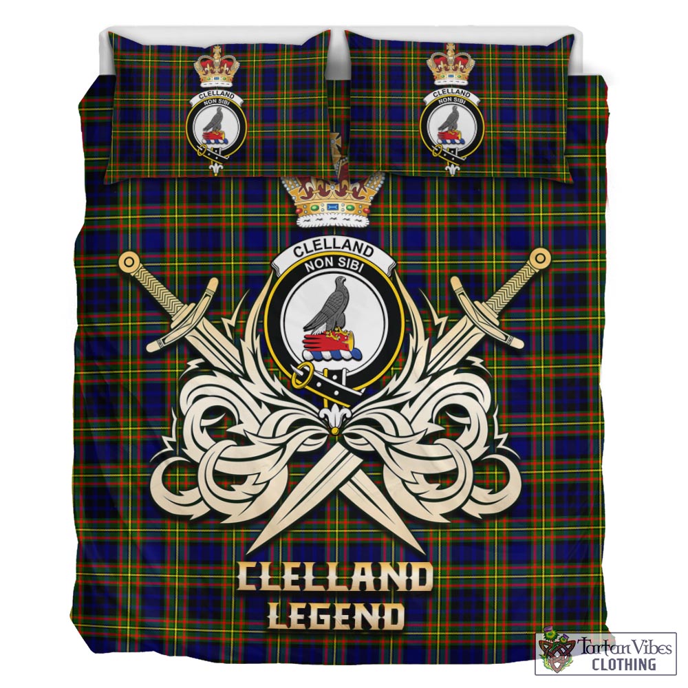 Tartan Vibes Clothing Clelland Modern Tartan Bedding Set with Clan Crest and the Golden Sword of Courageous Legacy