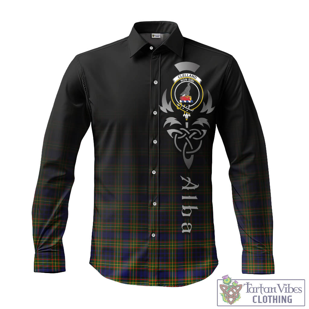 Tartan Vibes Clothing Clelland Modern Tartan Long Sleeve Button Up Featuring Alba Gu Brath Family Crest Celtic Inspired