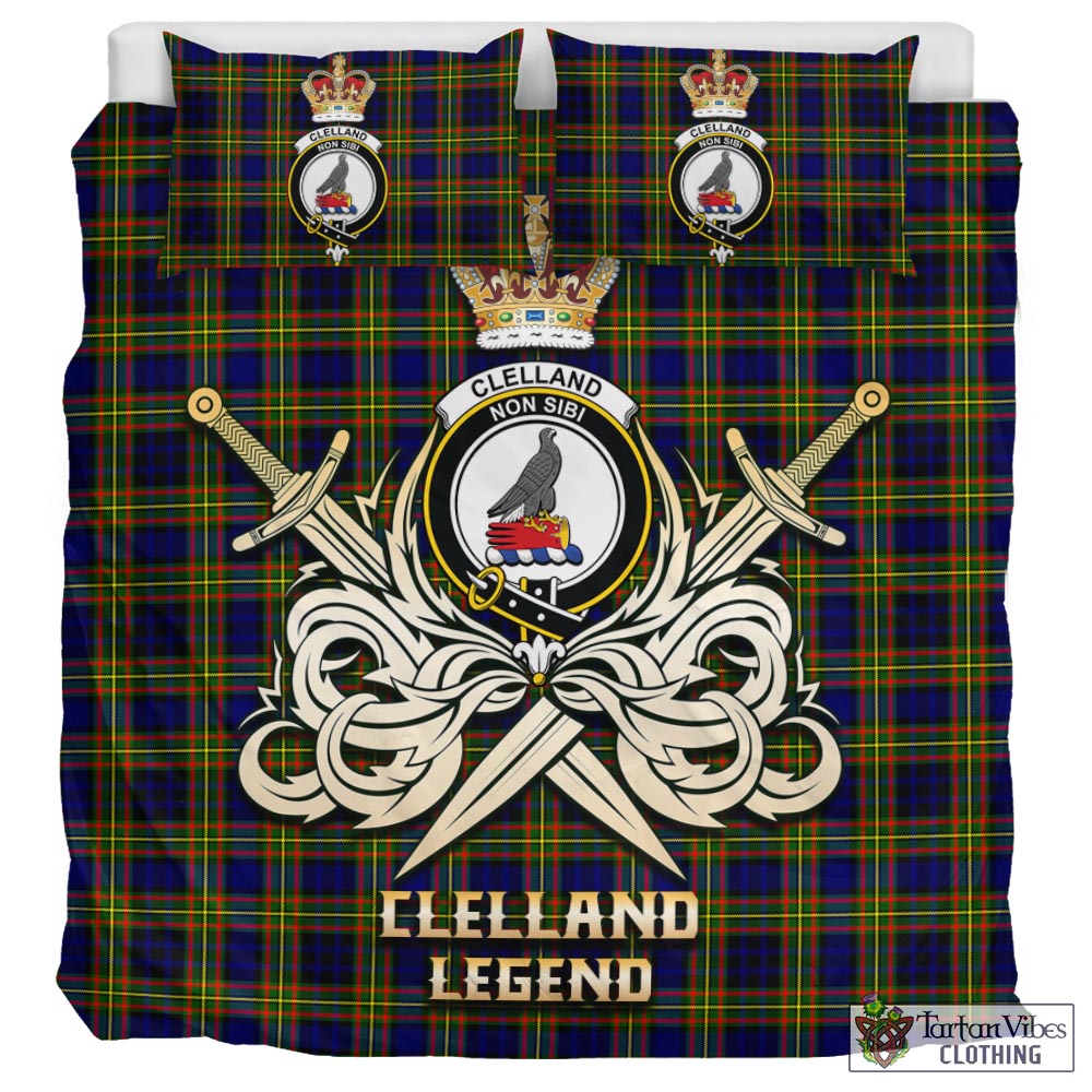 Tartan Vibes Clothing Clelland Modern Tartan Bedding Set with Clan Crest and the Golden Sword of Courageous Legacy