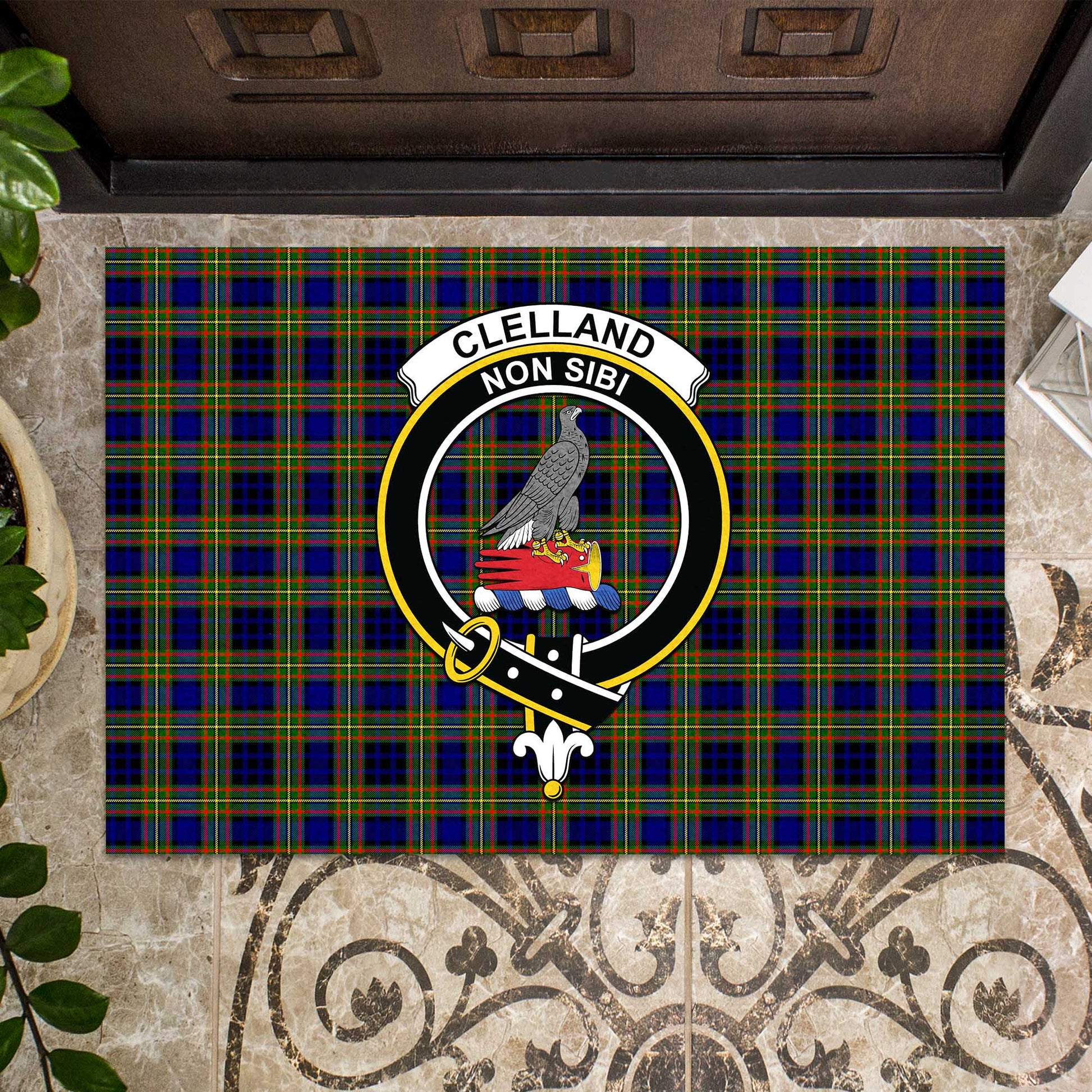 Clelland Modern Tartan Door Mat with Family Crest - Tartanvibesclothing