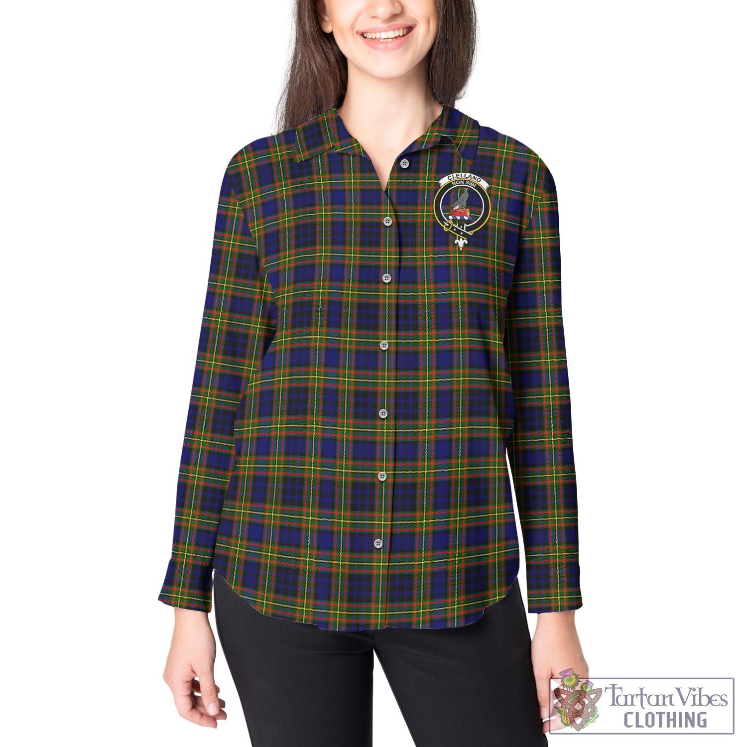 Tartan Vibes Clothing Clelland Modern Tartan Womens Casual Shirt with Family Crest