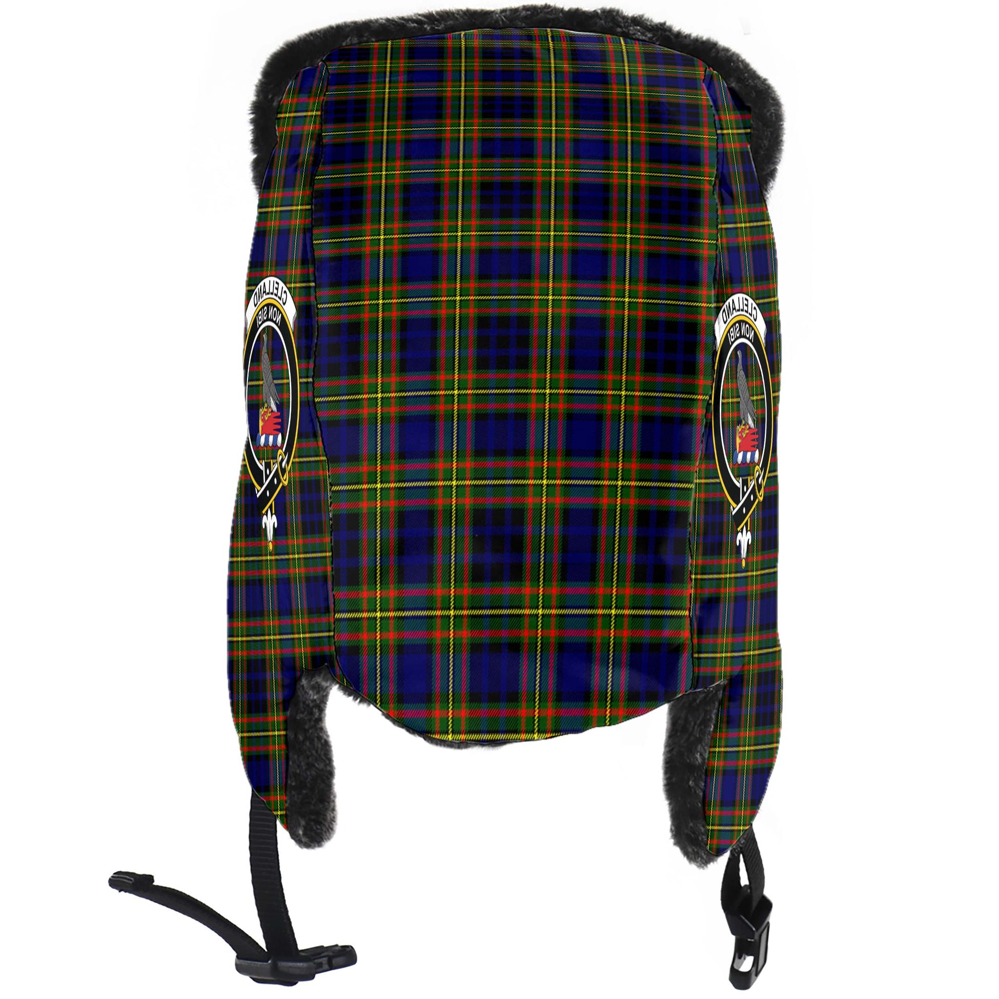 Clelland Modern Tartan Winter Trapper Hat with Family Crest - Tartanvibesclothing