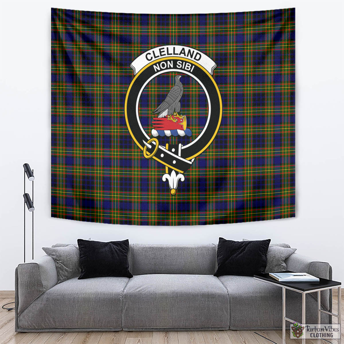 Tartan Vibes Clothing Clelland Modern Tartan Tapestry Wall Hanging and Home Decor for Room with Family Crest