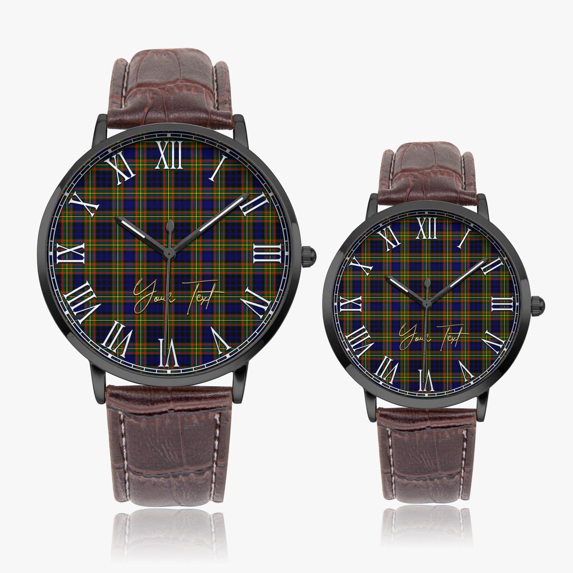Clelland Modern Tartan Personalized Your Text Leather Trap Quartz Watch Ultra Thin Black Case With Brown Leather Strap - Tartanvibesclothing