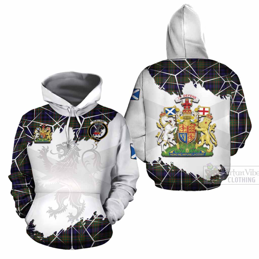 Clelland Tartan Cotton Hoodie with Family Crest and Lion Rampant Grunge Style