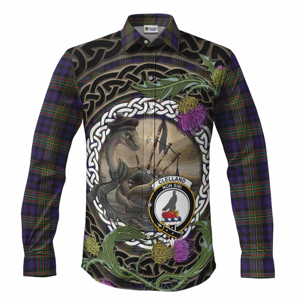 Clelland Tartan Crest Bagpipe Nessie Long Sleeve Button Shirts Scottish Loch Ness Monster Celtic Thistle