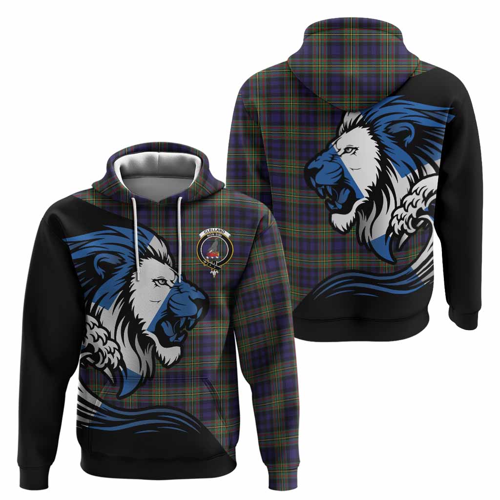 Clelland Tartan Crest Hoodie Scottish Golden Lions Wave Flow