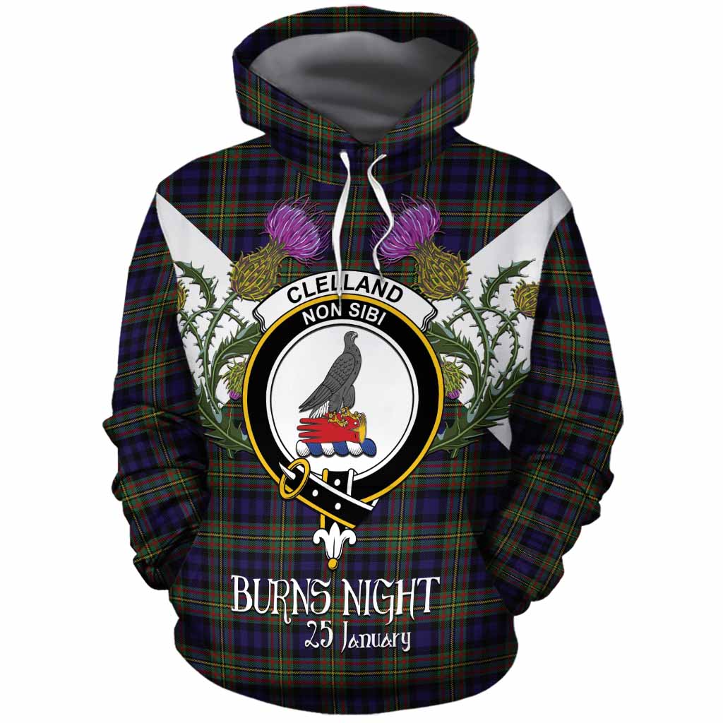 Clelland Tartan Family Crest Cotton Hoodie Scottish Burns Night Thistle Floral