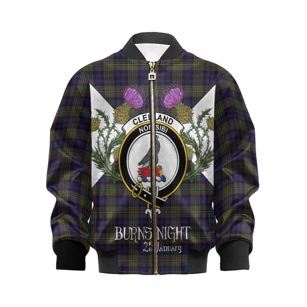 Clelland Tartan Family Crest Kid Bomber Jacket Scottish Burns Night Thistle Floral