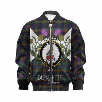 Clelland Tartan Family Crest Kid Bomber Jacket Scottish Burns Night Thistle Floral