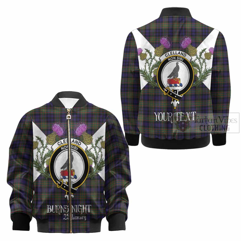Clelland Tartan Family Crest Kid Bomber Jacket Scottish Burns Night Thistle Floral