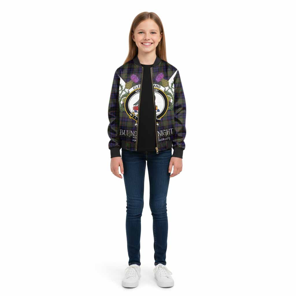 Clelland Tartan Family Crest Kid Bomber Jacket Scottish Burns Night Thistle Floral